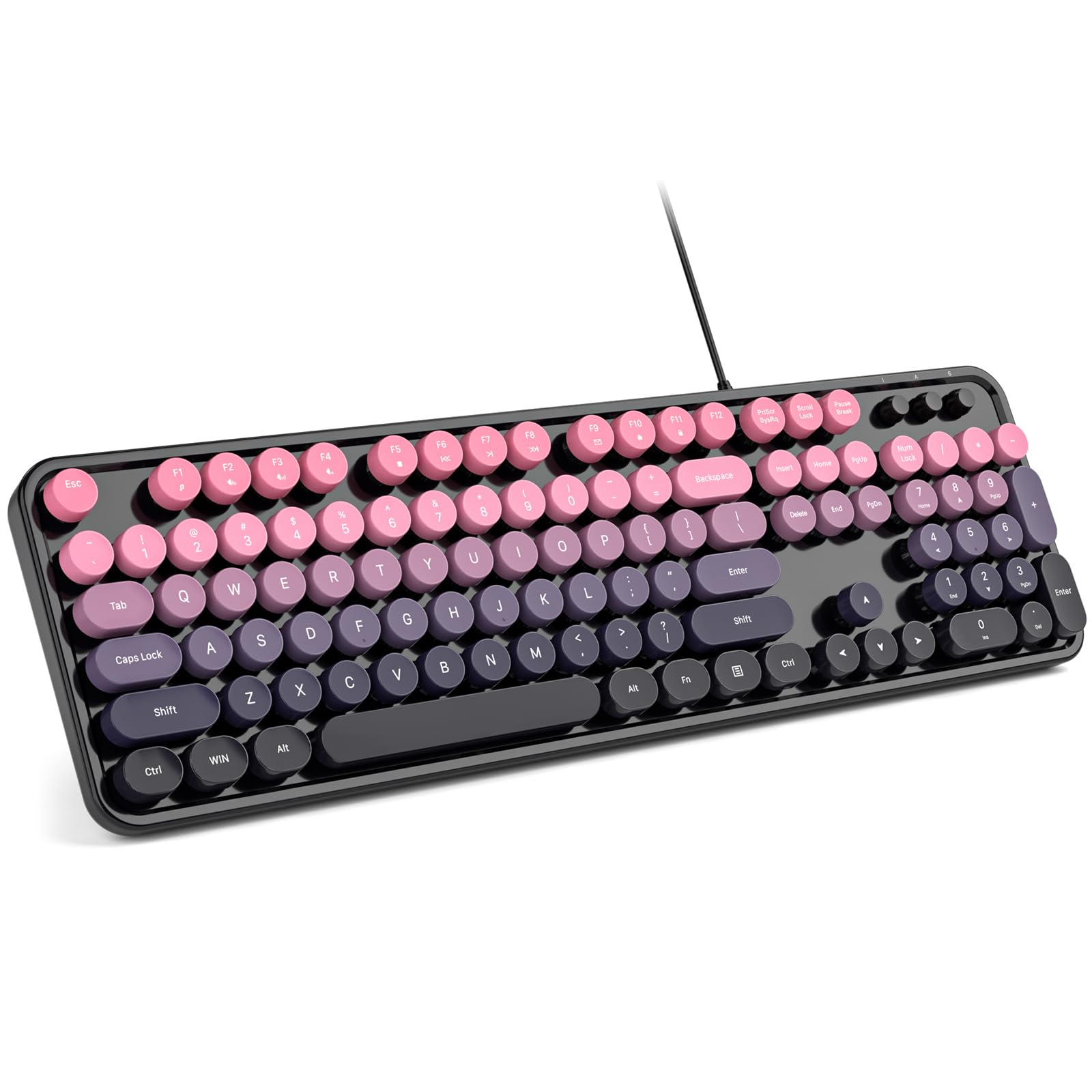 MOWUX Computer Keyboard Wired, Plug and Play USB Retro Round Typewriter Keyboard, Full Size Wired Keyboard with Foldable Stands for Laptop and Office PC- Plum Pink Gradient
