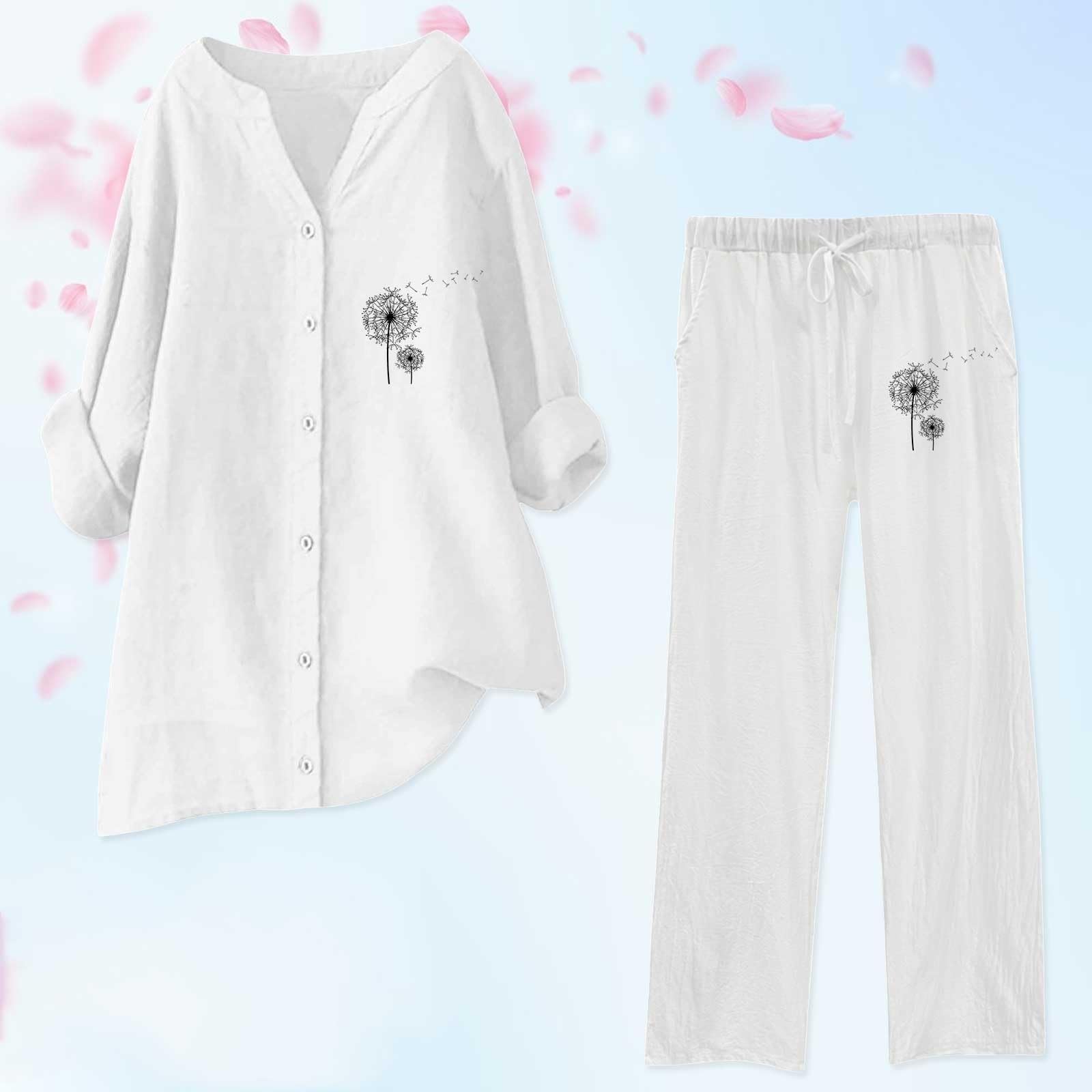 Ensemble Femme Pantalon Large Et Haut Tunique Longue Linen Sets Chic Elegant Chemise Vetement Grande Taille Homewear Tshirt Lin Ete Fluide Blanc Tenue D'intérieur Pull En Femmes