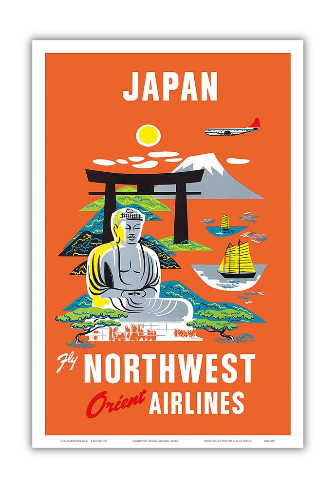 Pacifica Island Art Japan - Fly Northwest Orient Airlines NWA - Mt Fuji Buddha - Vintage Airline Travel Poster c.1950s - Master Art Print 12" x 18" PRTB3137