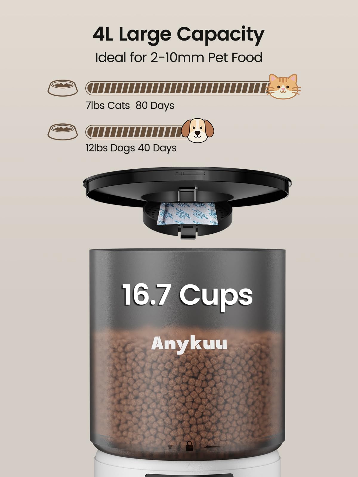 Distributore Automatico Cibo Gatti 4L Dispenser Crocchette Gatto Con Timer Programmabile e 10S Registrazione Distributore Cibo Gatti 1-6 Pasti al Giorno per Animali di Piccola e Media Taglia