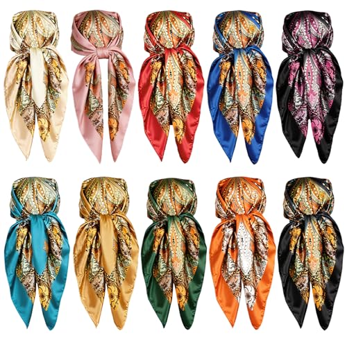 Tergy 10 Pieces 35 Satin Head Scarf Large Square Scarf Silk Feeling Fashion Hair Wrapping Scarves for Women Girls (10 Pieces)