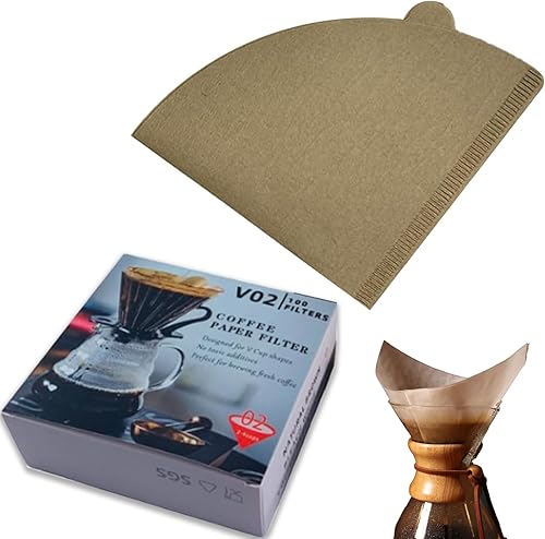Filtros de café, filtros de café de papel natural, sin blanquear, tamaño V02, estilo 2-4 tazas, forma de cono para cafetera de verter sobre y goteo,