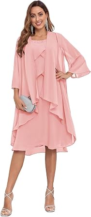 2 Pcs Mother of The Bride Dresses for Wedding - Tea Length Tiered Ruffle Chiffon Beaded Formal Evening Gowns with Jacket