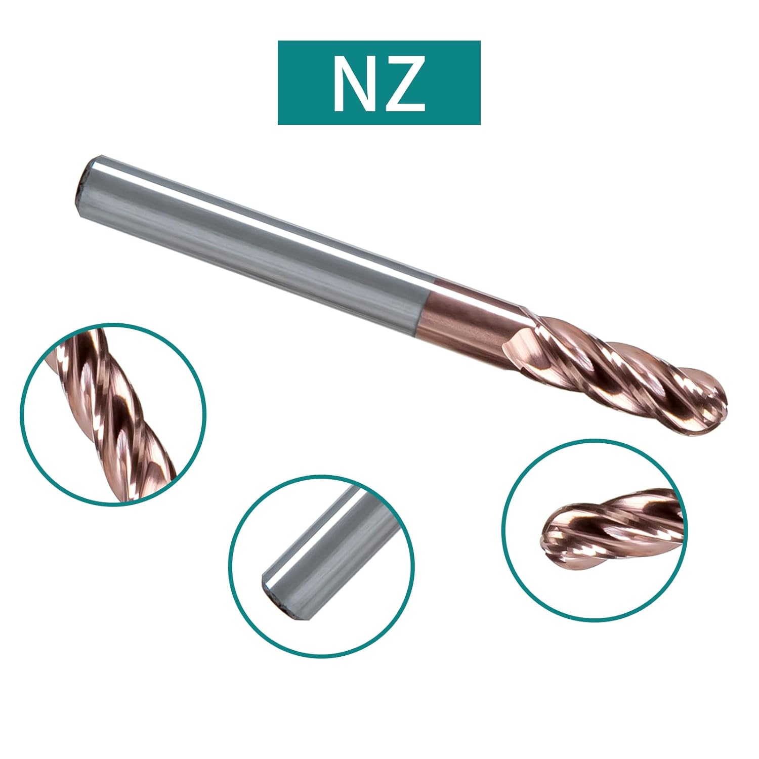 NZ 4 Flute 1/2" Ball Nose End Mill with TiSiN Coating, Milling Cutter HRC55 for Machining Stainless Steel, Alloy Steel, Titanium Alloy