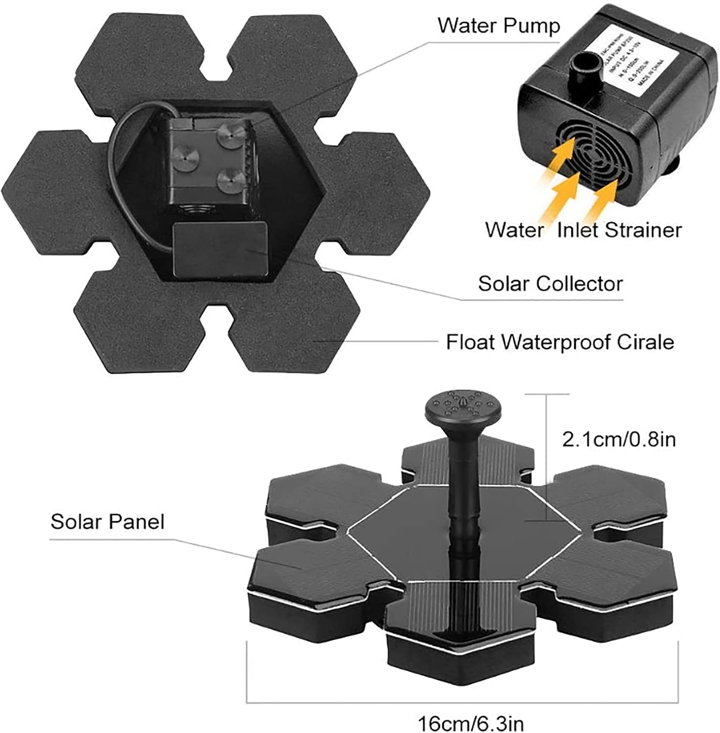 Bird Bath Solar Fountain Pump 1.4W Solar Water Fountain Floating Free Standing Solar Pond Pump with 4 Different Nozzles Outdoor Garden Solar Fountain No Electricity Required-1.4w 20.5cm(8inch)