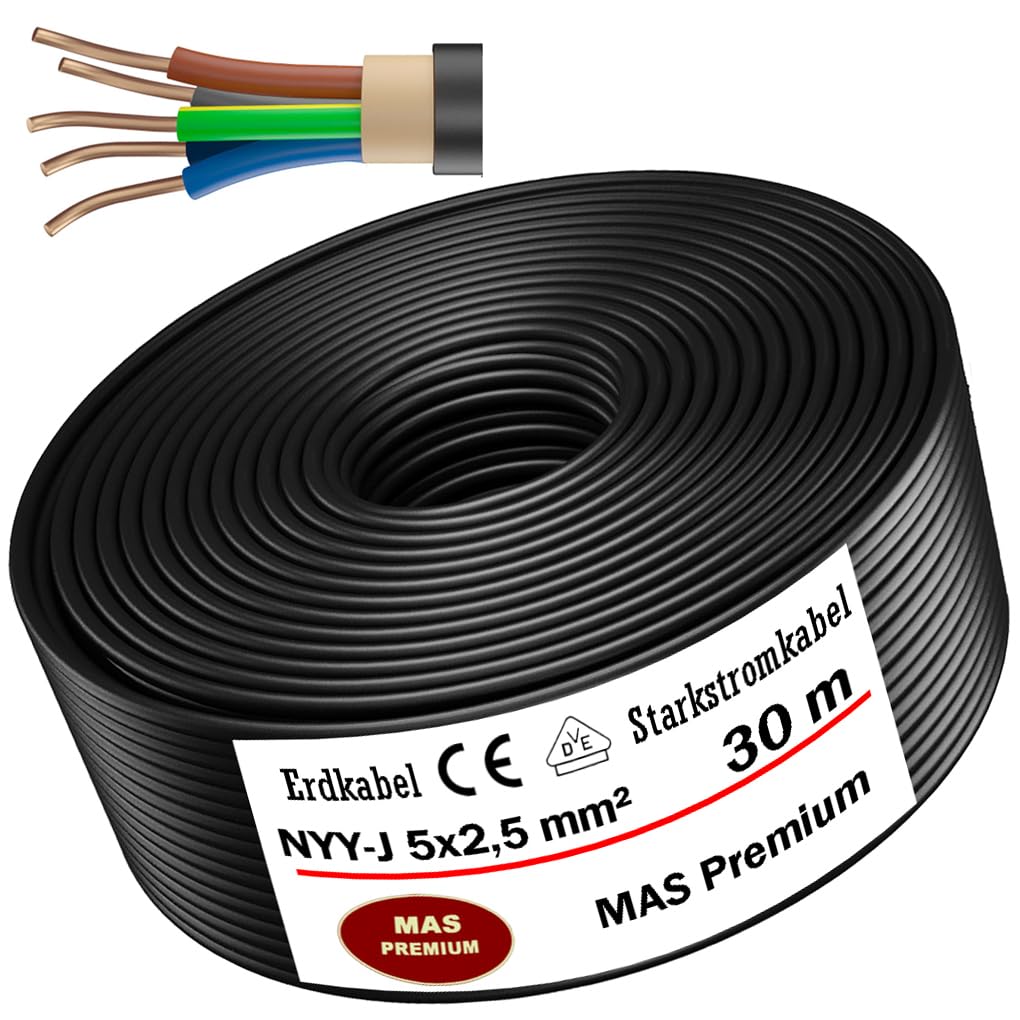MAS Premium Von 5m bis 100m Erdkabel Starkstromkabel NYY-J 5x2,5 mm² Elektrokabel zur Verlegung im Freien, Erdreich (30m)
