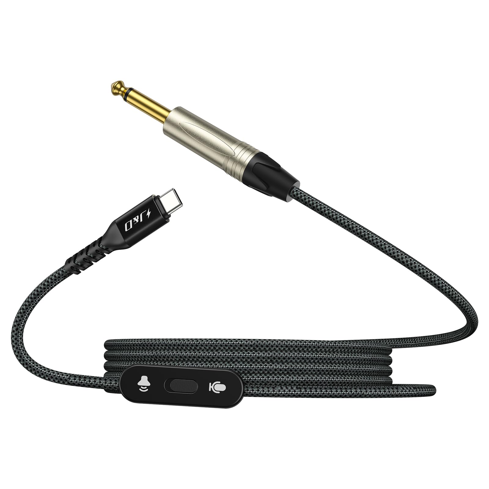 J&D USB C to 6.35mm 1/4 Audio Adapter Aux Jack Cable, 1/4 inch TS to USB Type-C Bass/Guitar Recording Cord with Audio Switch Button, Compatible with