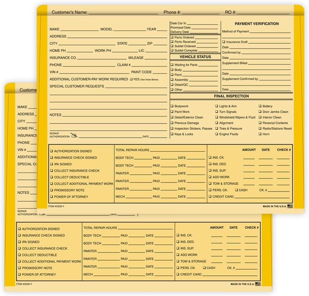 Color Edge Body Shop Deal Jackets – Heavy Duty Automotive Deal Folders 12" × 9-3/8" with 1/2" Expansion – 100# Buff Stock Vehicle File Jackets for Car Dealership Paperwork – Yellow Edge, Pack of 200