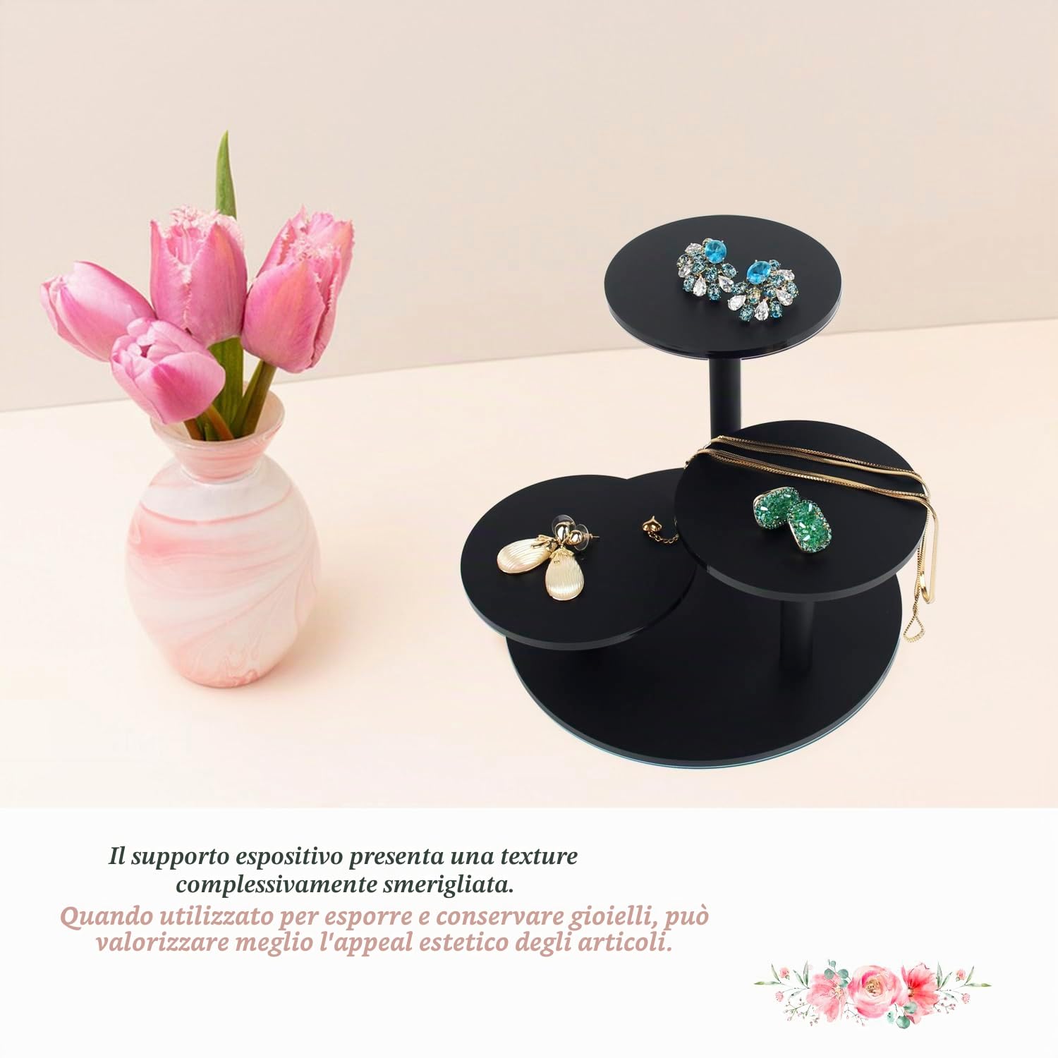 Espositore in acrilico smerigliato per statuette piccole esposizioni a piedi per piante grasse supporto figure a 3 livelli per decorazione 1 confezione (Nero)
