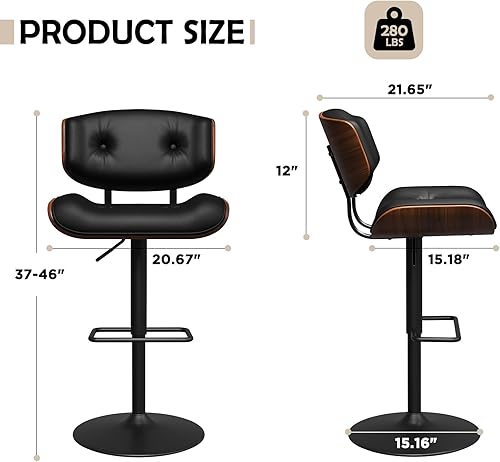 Miniatura 2 de Juego de 2 taburetes de bar modernos, taburetes giratorios ajustables con respaldo, asiento ancho y profundo, taburetes ergonómicos de piel