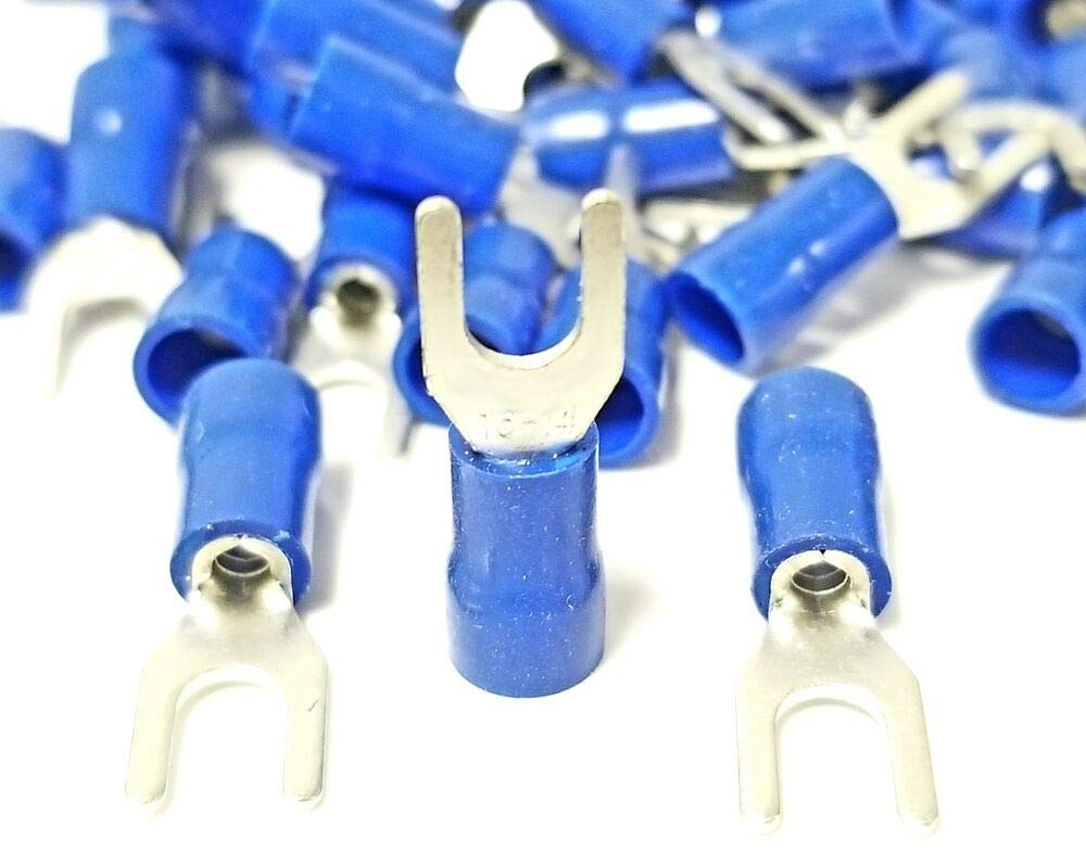 BLUE FORK SPADE TERMINAL 16-14GA #8 VINYL INSULATED CRIMP WIRE CONNECTOR - 100pcs