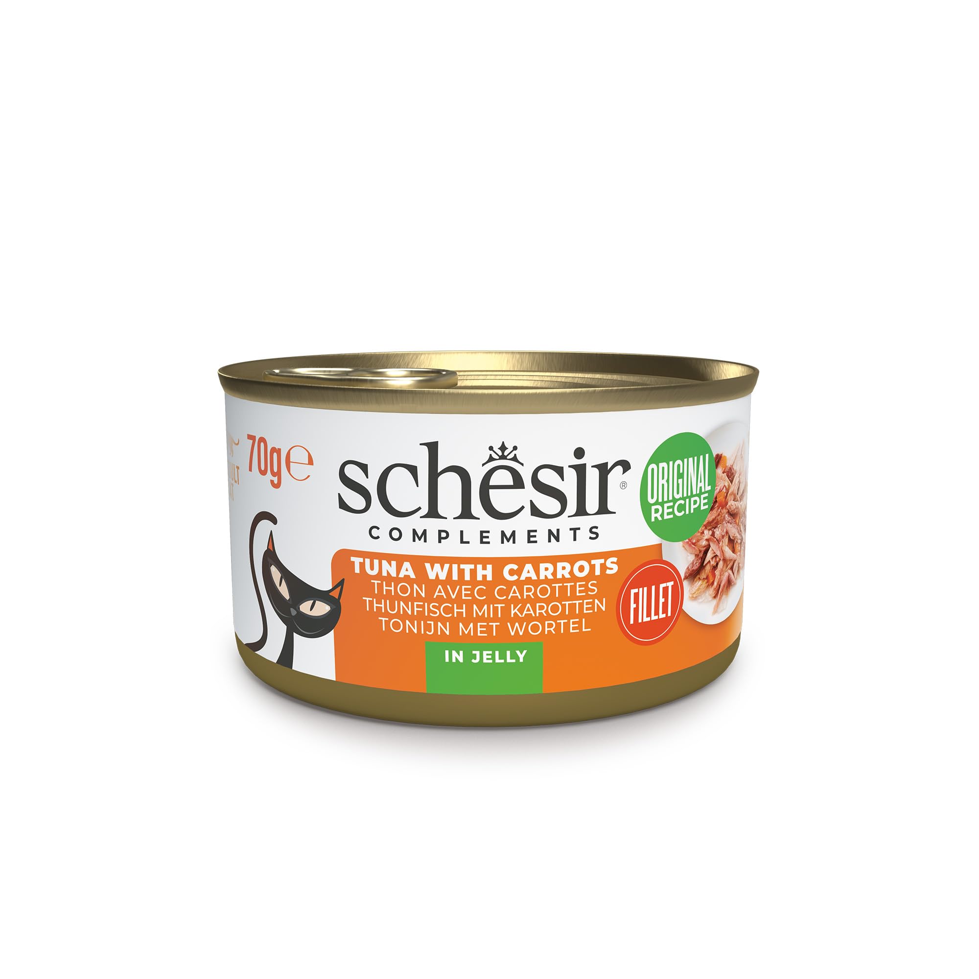 Schesir, Filetes de Atún con Zanahorias en Gelatina, Comida Húmeda Complementaria para Gatos, en Latas, Receta Original, 100% Natural, 12 x 70g
