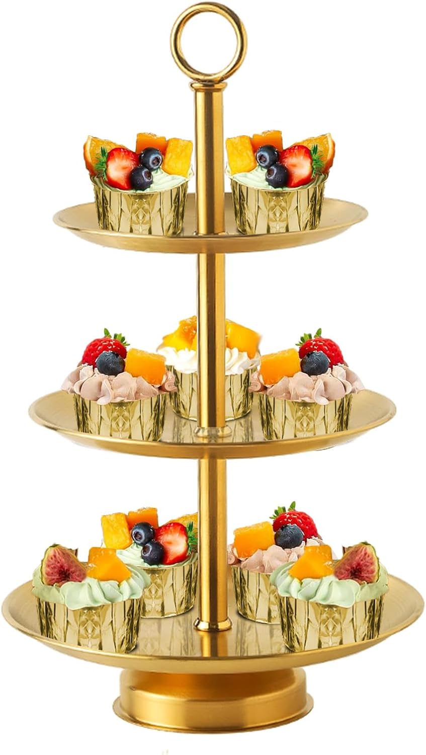 3 Tier Gold Metal Cupcake Stand Holder,Stainless Steel Cup Cake Stand Tower with Tiered Serving Tray and Base for Parties,Weddings,Birthdays and Any Festivals and Celebrations(with Base) Gold (with base)