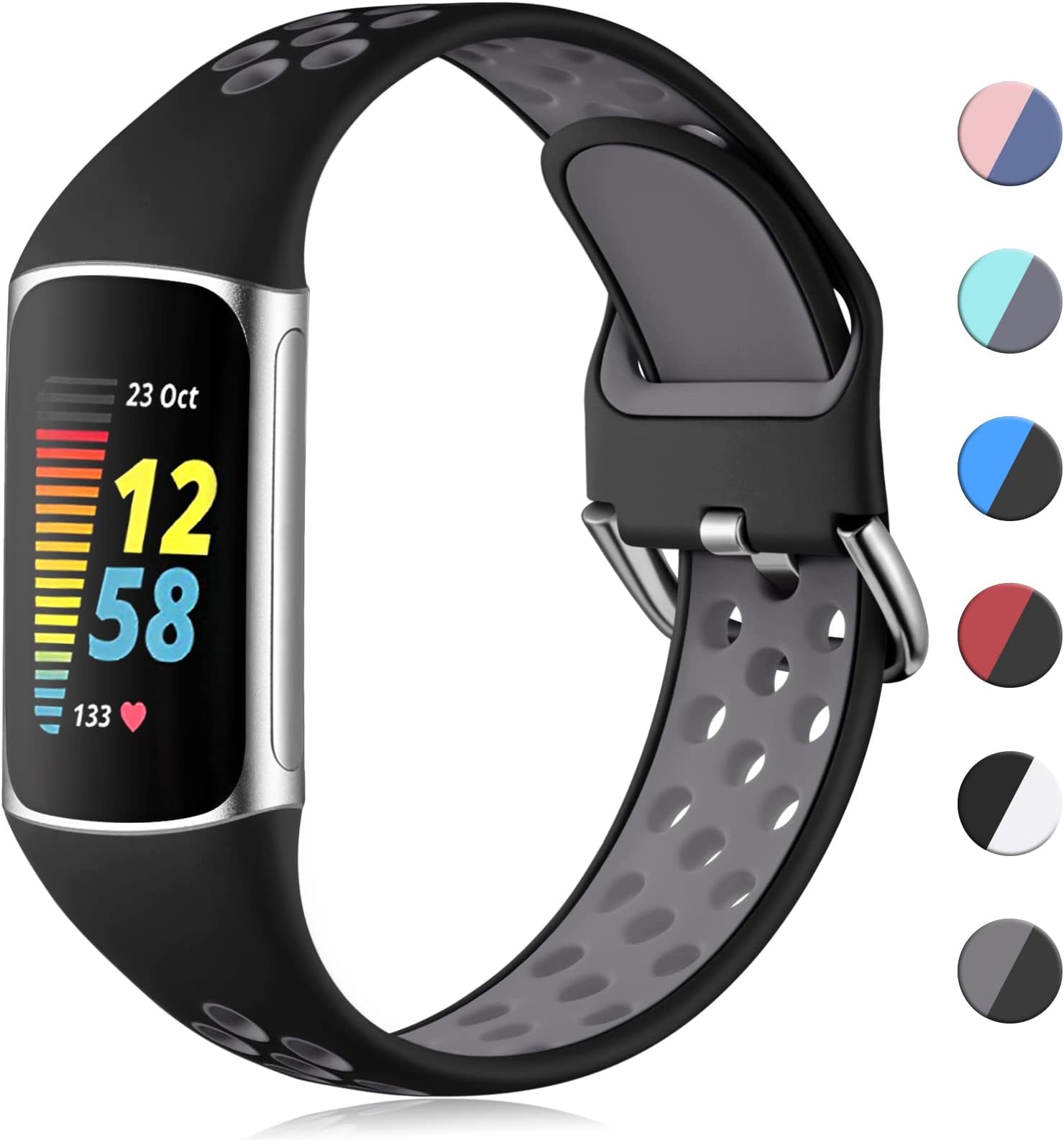 CeMiKa Sport Silicone Strap Compatible With Fitbit Charge 5/6, Waterproof Soft Adjustable Breathable Bands, Small Large