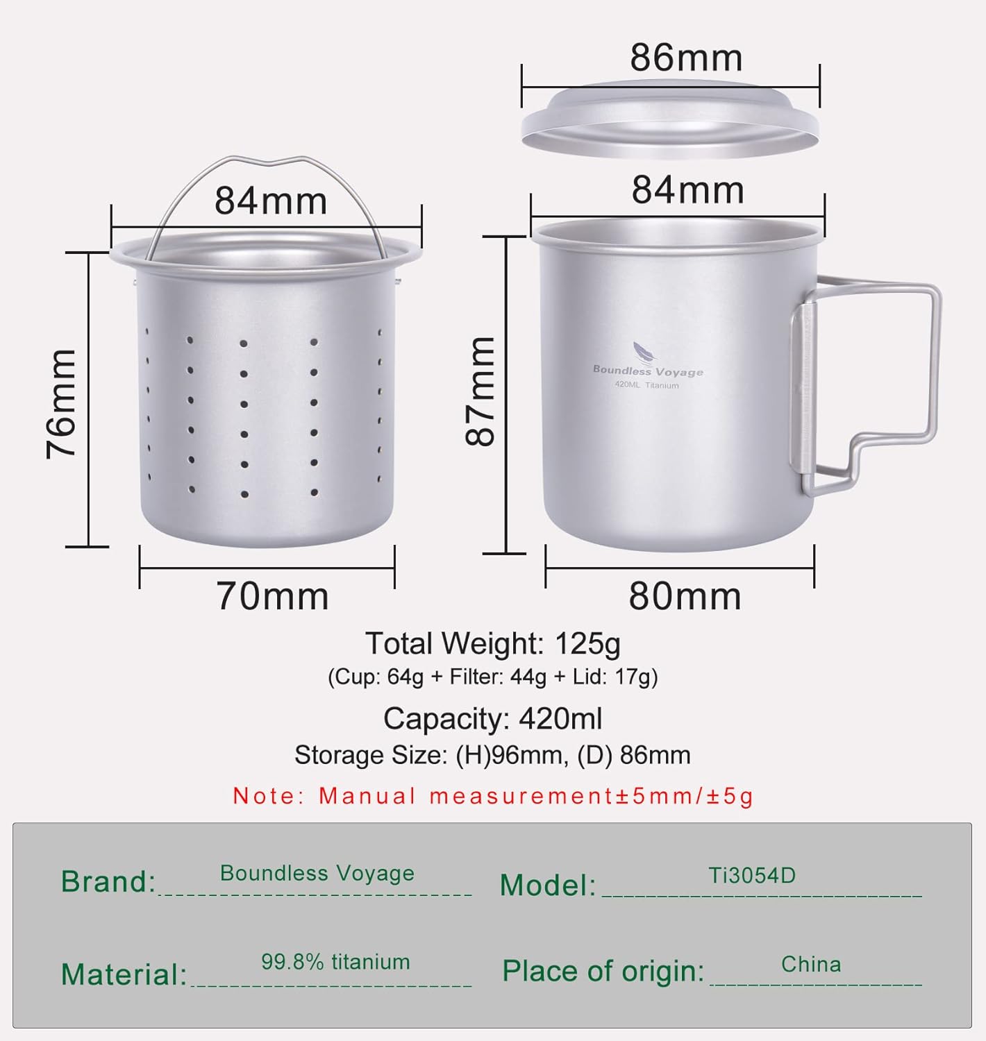 Boundless Voyage Single Layer Titanium Cup Portable Camping Picnic Water Cup Mug with Foldable Handle Lightweight Tea Cup with Tea Filter 420ml/14.2 fl.oz(Ti3054D)