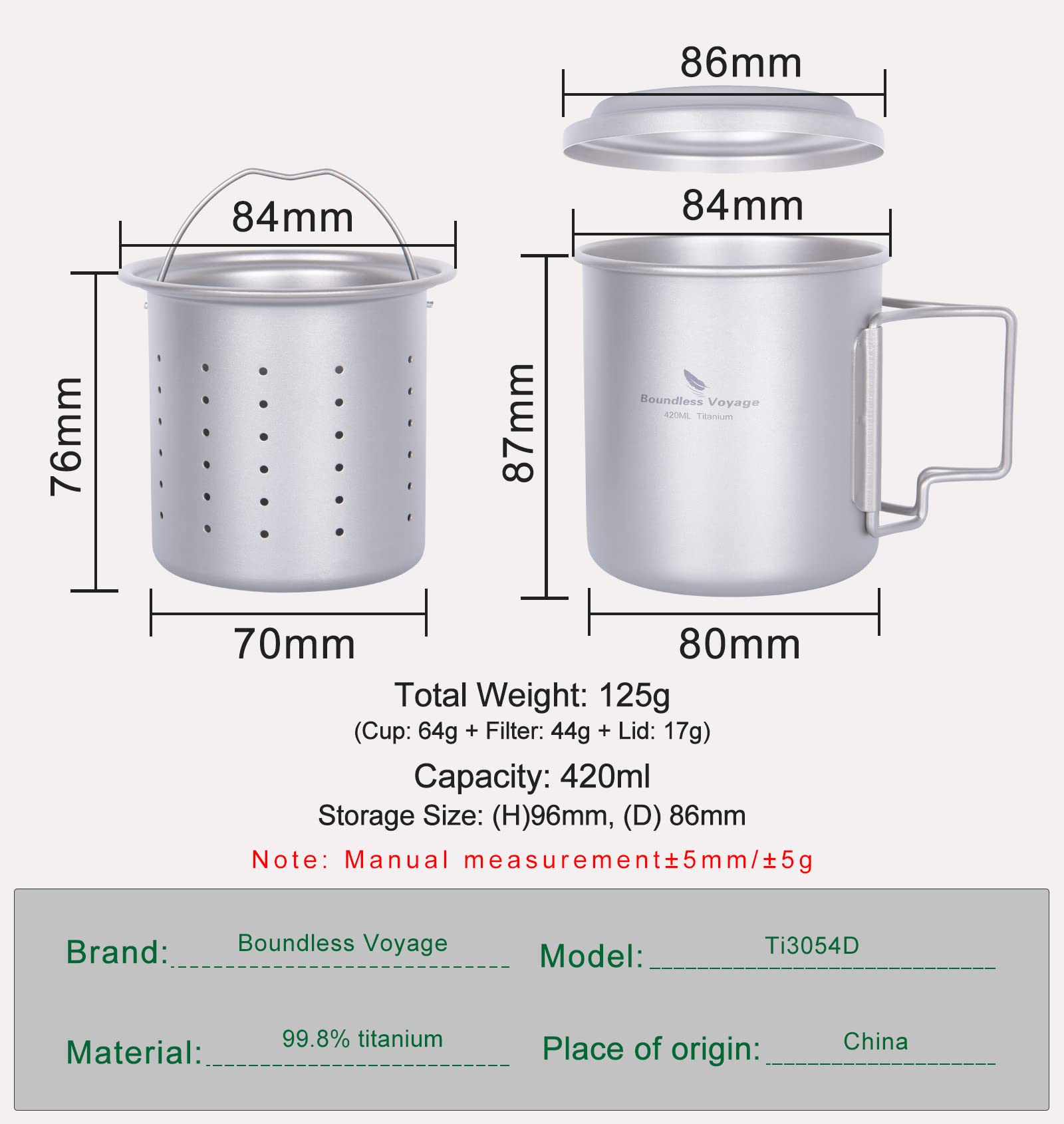 iBasingo Tytanowy kubek 420 ml, z sitkiem do herbaty i pokrywką, lekki kubek z filtrem, na kemping, jednowarstwowy, z przenośnym, składanym uchwytem, na wędrówki, podróż, piknik, napoje, Ti3054D