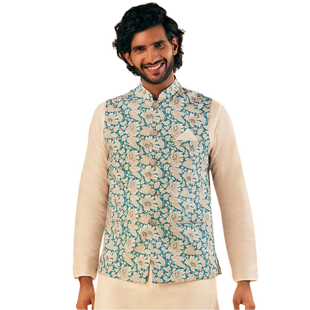 kisah Men's Nehru Jacket, Blue Pure Cotton, Printed Mandarin Collar Regular Fit Sleeveless-picture-43