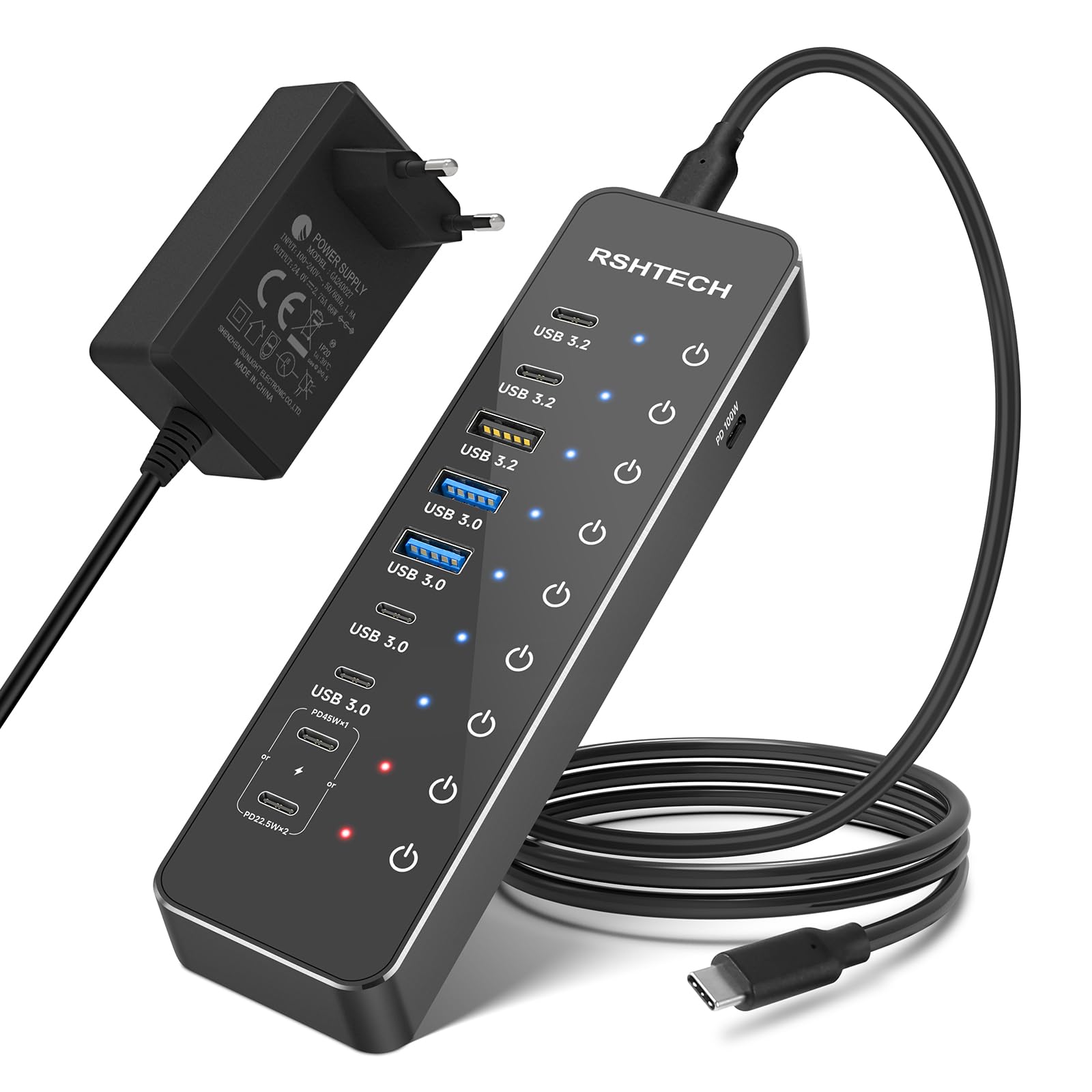 RSHTECH Hub USB C Alimentato 10 Porte 66W con 3 Porte USB-3.2 da 10Gbps (2C+1A), 4 Porte USB 3.0 (2C+2A), 2 Porte USB-C Ricarica Rapida PD 45W e PD 100W, USB Hub per Laptop, RSH-ST10P