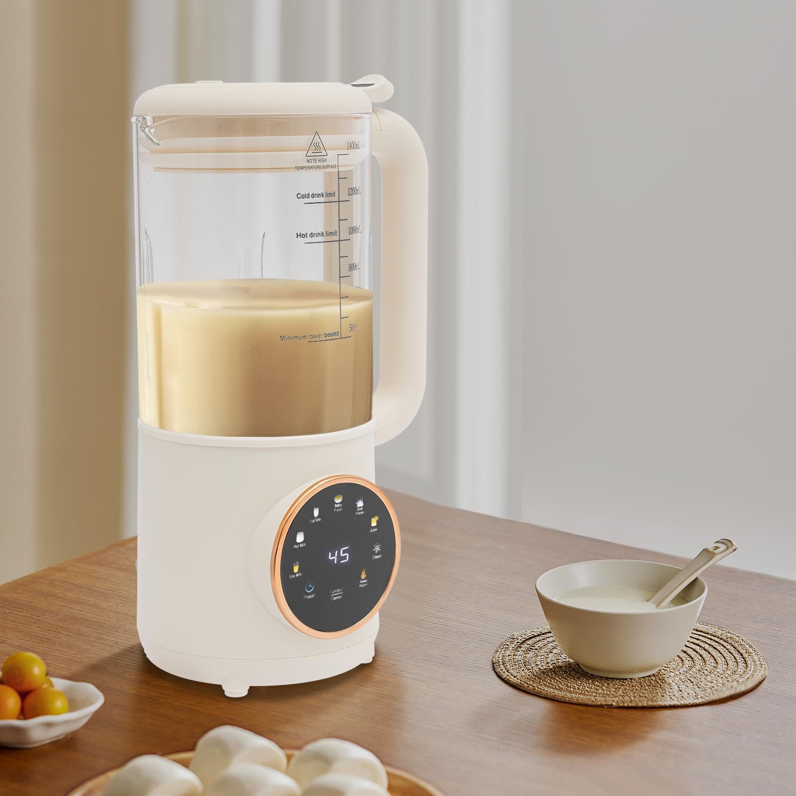 Vollautomatischer Sojamilchbereiter 1,4L, 24h Vorwahl & 6h Warmhaltefunktion, 600W Nussmilchmaschine, Selbstreinigungsfunktion für Sojamilch, Nussmilch, Hafermilch, Babynahrung, Saft