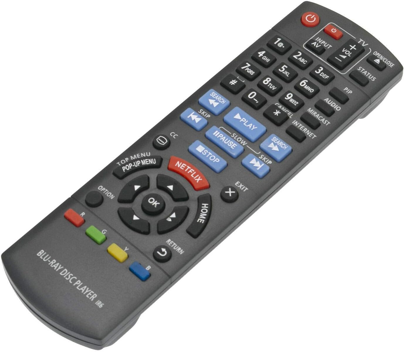 Front view of the FocalTop N2QAYB000953 replacement remote control, showing all buttons and their labels.