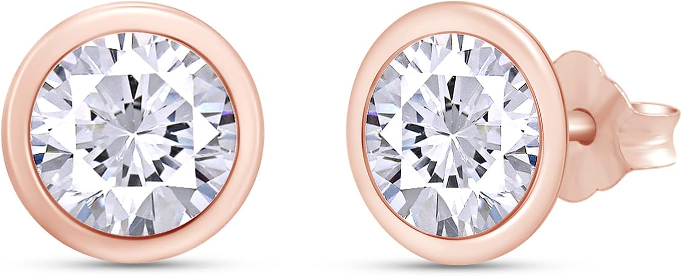 SAVEARTH DIAMONDS 10K Gold Post 2ct 6.5mm Round Cut Lab Created Moissanite Stud Earring Bezel Setting Sterling Silver Push Back for Men and Women