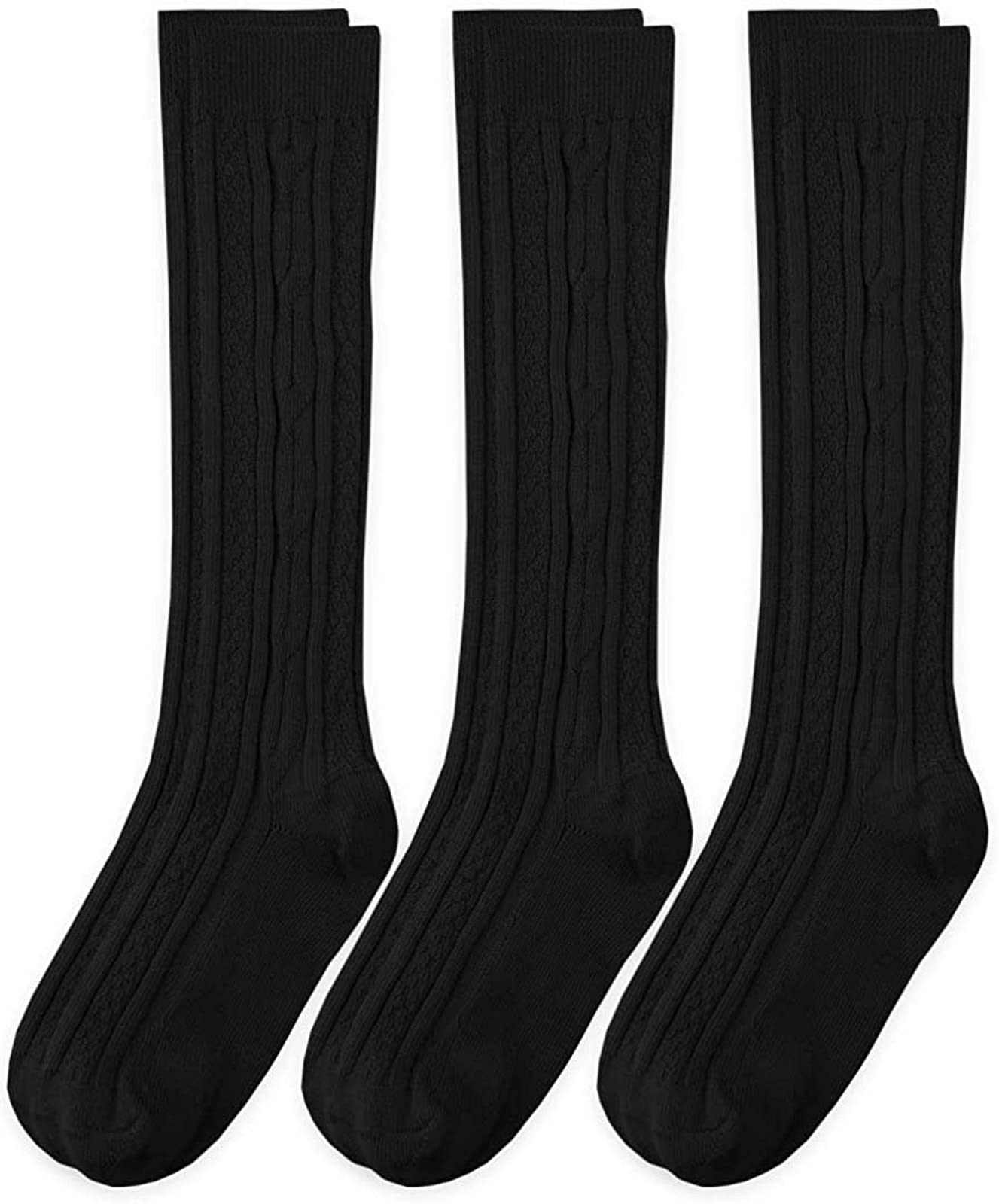 Jefferies Socks Girls Black 7-16 School Uniform Acrylic Cable Knee High 3 Pair Pack, X-Large