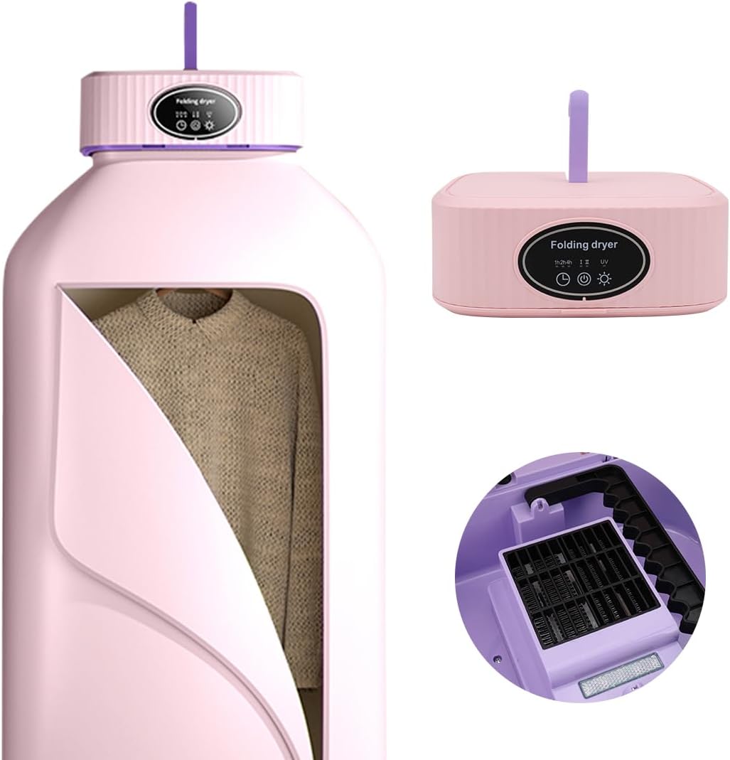 Portable Clothes Dryer, Mini Dryer Machine with Timer, Portable Dryer for Apartments Home Travel RVs, Mini Electric Laundry Dryer Machine with Dryer Bag, Two Heating Mode, Time Setting Function (Pink)