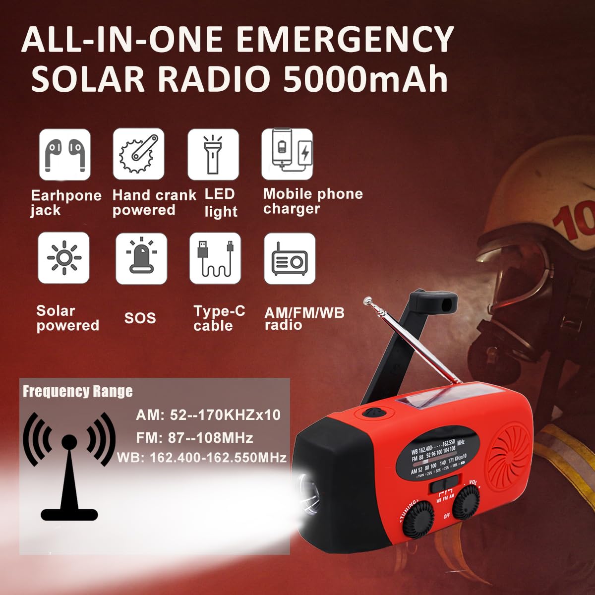 Radio d'urgence météo NOAA mise à niveau 2024 5000 mAh avec charge solaire, radio AM FM à manivelle Windup Radio SOS Alarme LED avec prise écouteurs pour la maison, le camping, la survie ouragan