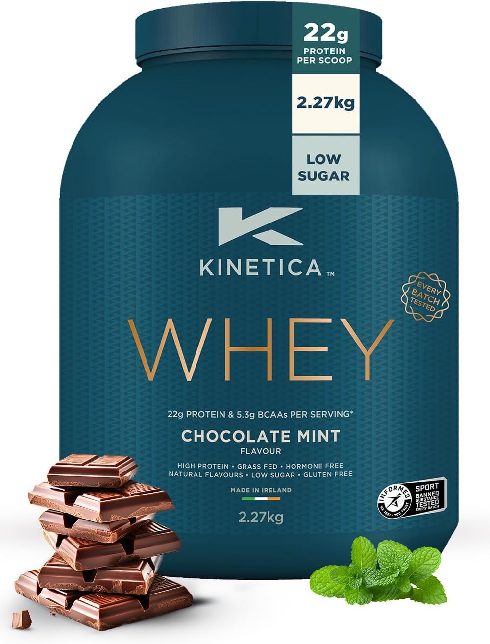 Kinetica Whey Protein in polvere, 76 dosi, Cioccolato alla menta, 2.27 kg. Basso contenuto di carboidrati, siero proveniente da allevamento al pascolo