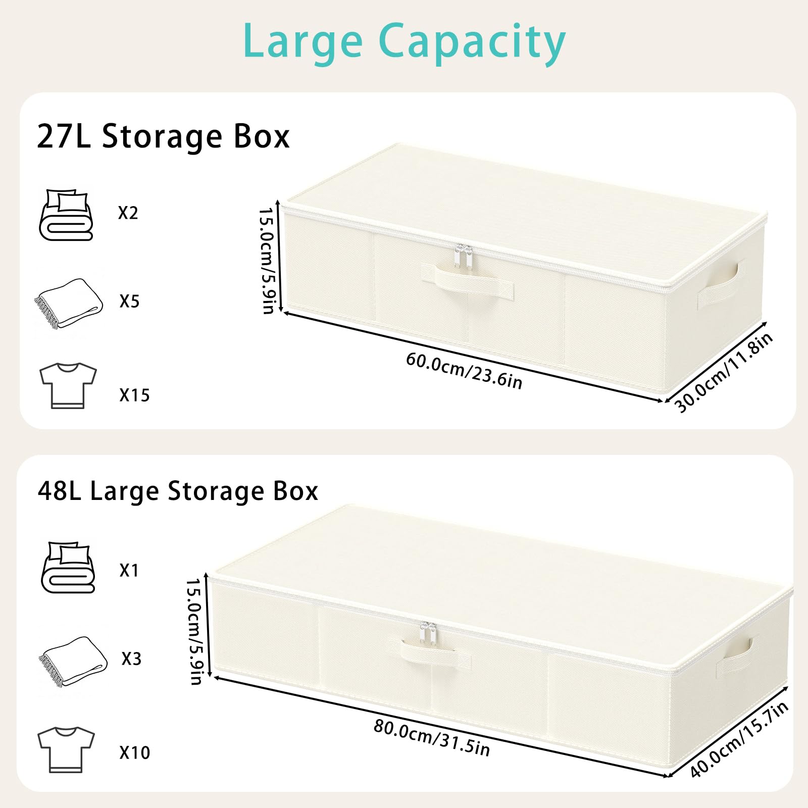 Contenitore Sottoletto, per Coperte, 80x40x15 cm, Beige, Set di 2 | Scatole Pieghevoli Spaziose Portavestiti, Pratici Organizer Sotto Letto, Cassettiera Salvaspazio per Coperte Vestiario