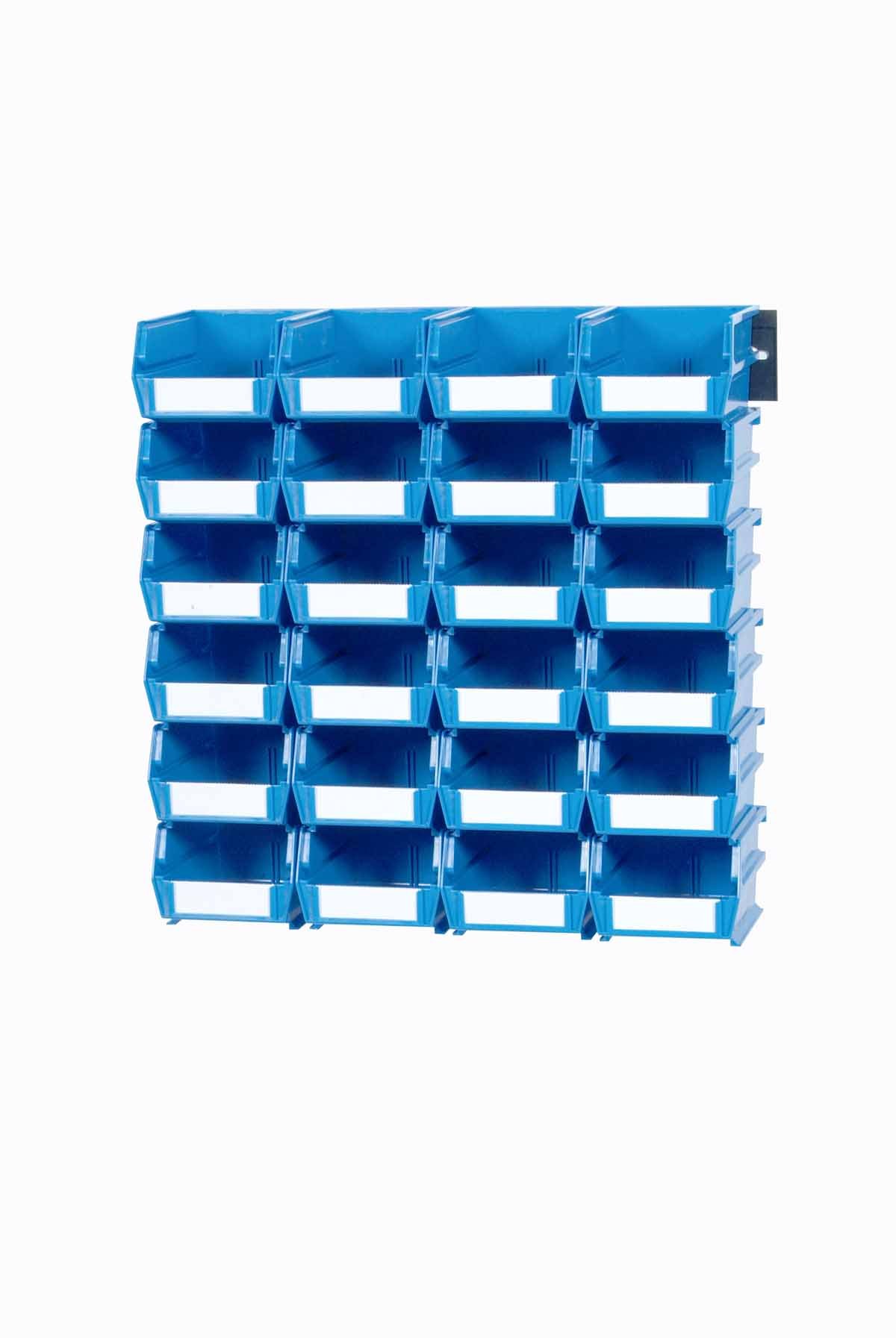 Triton Products 3-220BWS LocBin 26 Piece Wall Storage Unit with 7-3/8 Inch L x 4-1/8 Inch W x 3 Inch H Blue Interlocking Poly Bins, 24 CT, Wall Mount Rails 8-3/4 In. L with Hardware, 2 pk