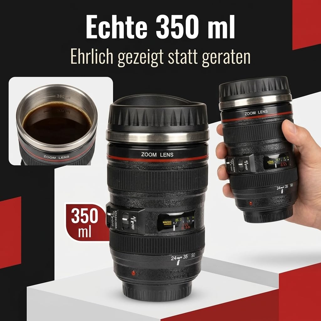 MIJOMA Kameraobjektiv Becher – Thermobecher mit Edelstahleinsatz – 350 ml – Kaffeebecher im Kamera-Design – mit Deckel & rutschfestem Griff (Packung mit 2)