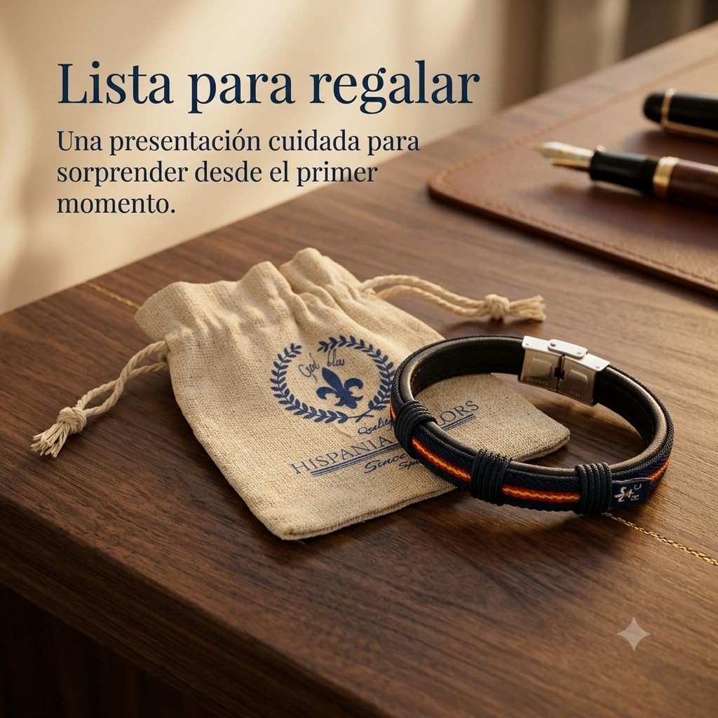 Hispania Colors – Pulsera con Bandera de España Wake Up Azul Marino – Elástico, Piel y Cordón Náutico – Cierre de Acero Inoxidable – Hecha a Mano en España