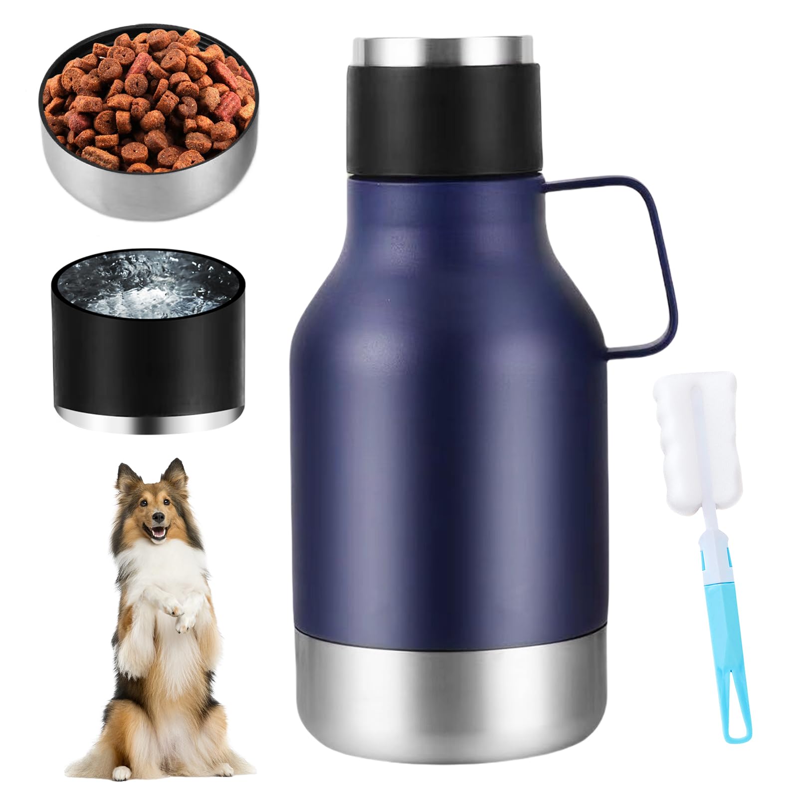 Meyagot Botella de agua para perros de acero inoxidable, para viajes, botella de agua de 40 oz con cuenco para comida, cepillo de limpieza, botella térmica para senderismo y camping (negro)