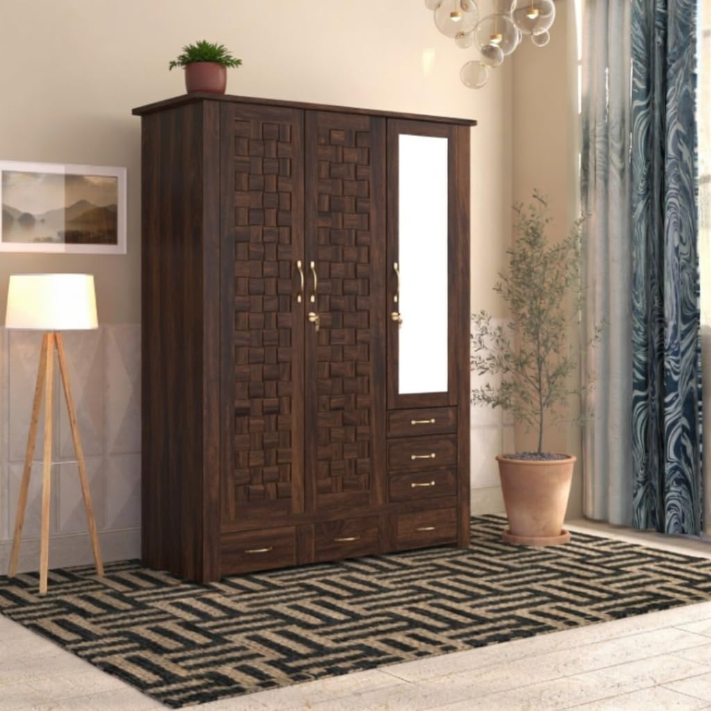 Sheesham Solid Wood 3 Door Wardrobe for Bedroom | Spacious Wooden Almirah with Hanging & Shelf Storage | Natural Finish (Design 1, Walnut)