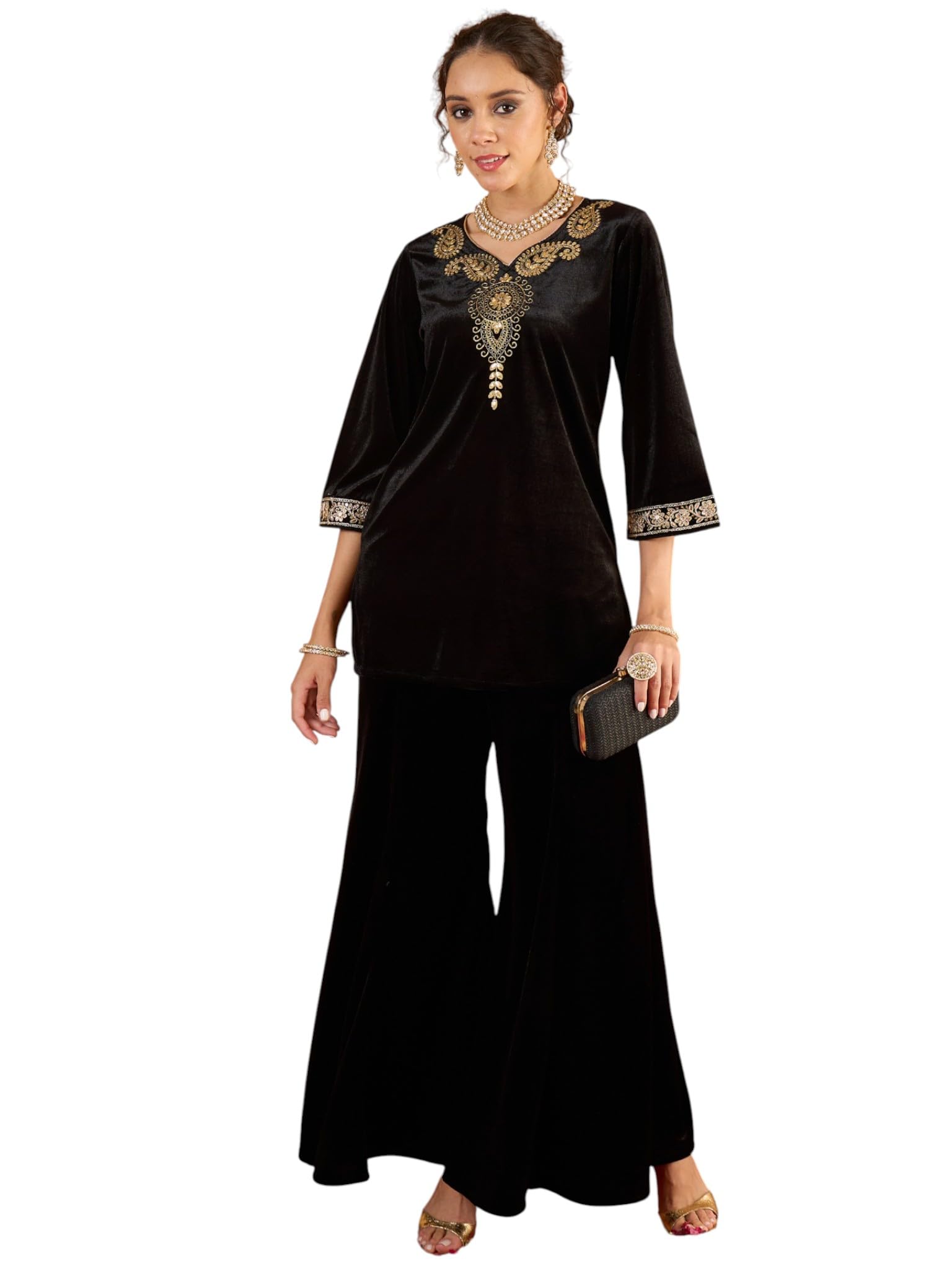 SASSAFRAS Women Velvet Emb V-Neck Short Kurta With Palazzos in neutral
