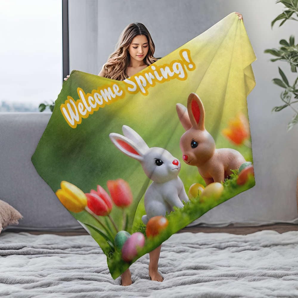 Couverture flanelle blanche motif lapin de Pâques cadeau idéal naissance et enfant