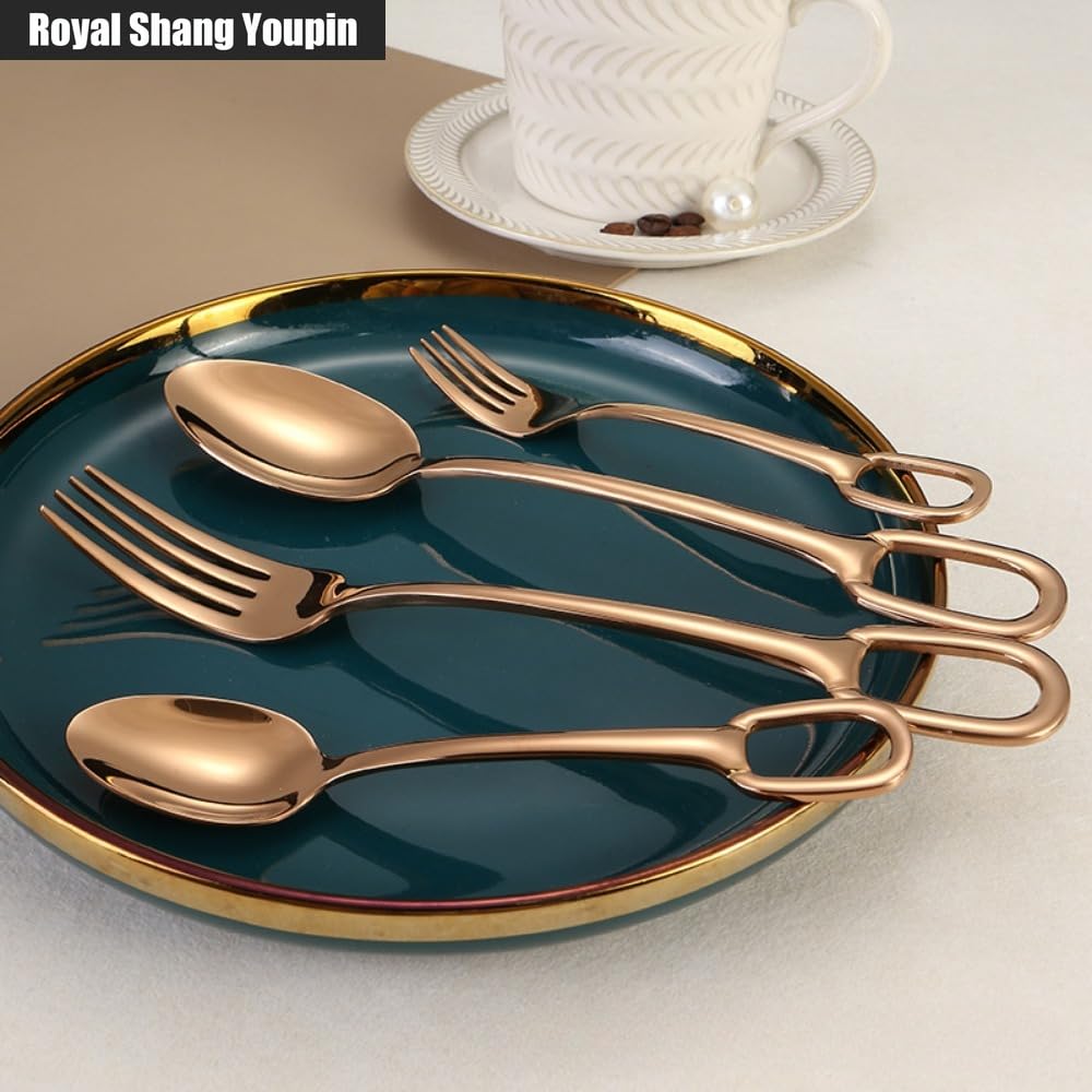 Cucina Circolare Appeso Foro Manico Acciaio Inox Argenteria Stoviglie Posate Set Bistecca Coltello Forchetta Cucchiaio Tè (Oro rosa,12 pezzi)