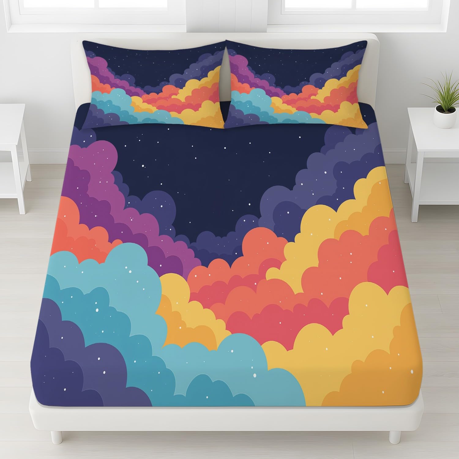 Traumhaft Weltraum Spannbettlaken 140 x 200 x 30 cm 3teilig Märchen Bunt Wolke Spannbetttuch Set für Kinder Jugendliche Erwachsene weich Mikrofaser Bettwäsche Dekor