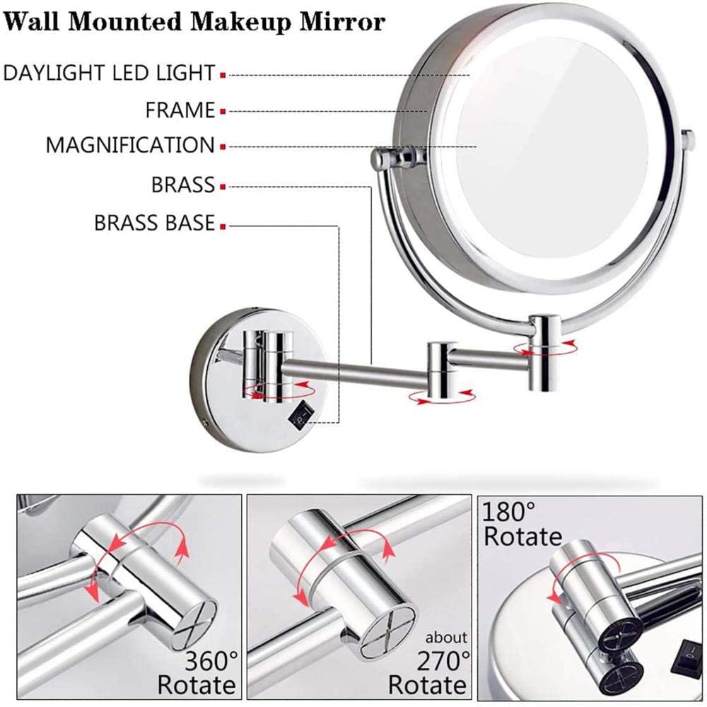 Espejos de baño iluminados de 8 pulgadas Espejo de tocador montado en la pared con Luces Espejo de maquillaje giratorio de 360 ° plegable de Doble Cara con Aumento de 5X Acabado cromado exte