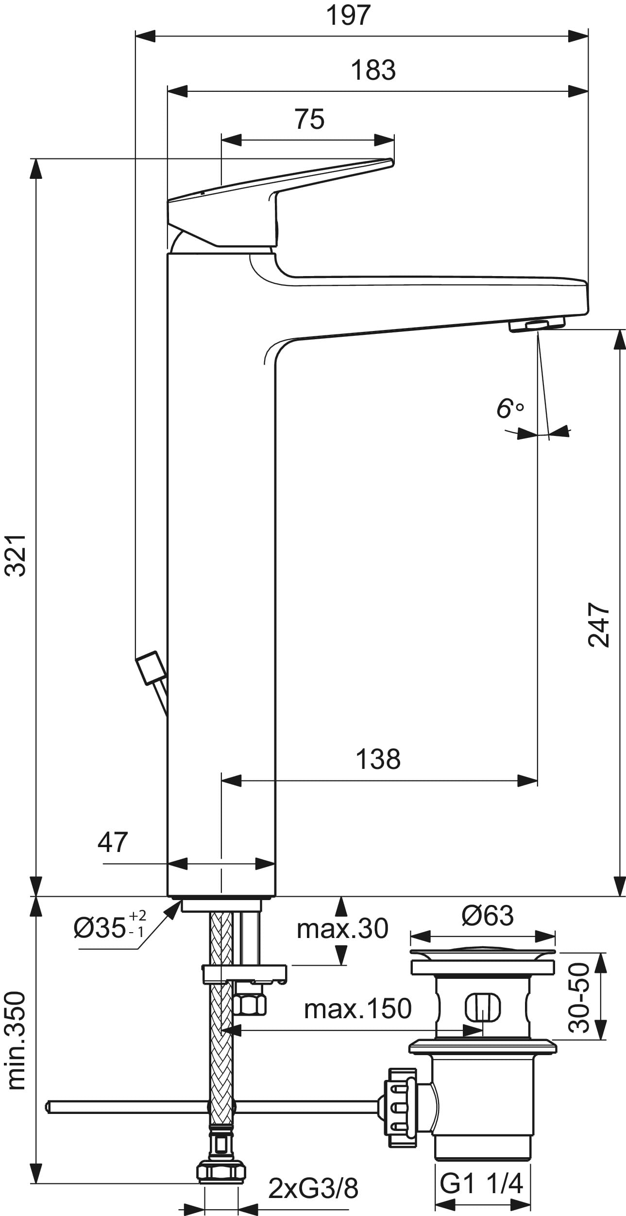 Ideal Standard - Ceraplan, Wysoki jednouchwytowy mikser do umywalki, Bateria do podłogi, Czarny jedwab
