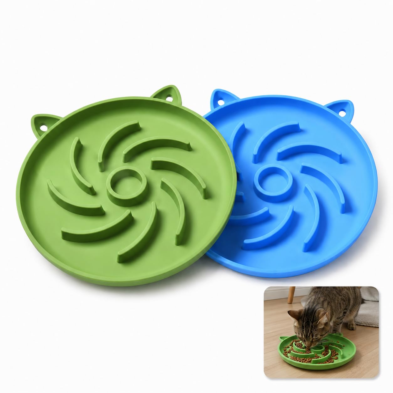 Silicone Slow Feeder Cat Bowl, Green&Blue 2Pcs, Puzzle for Dry/Wet Food