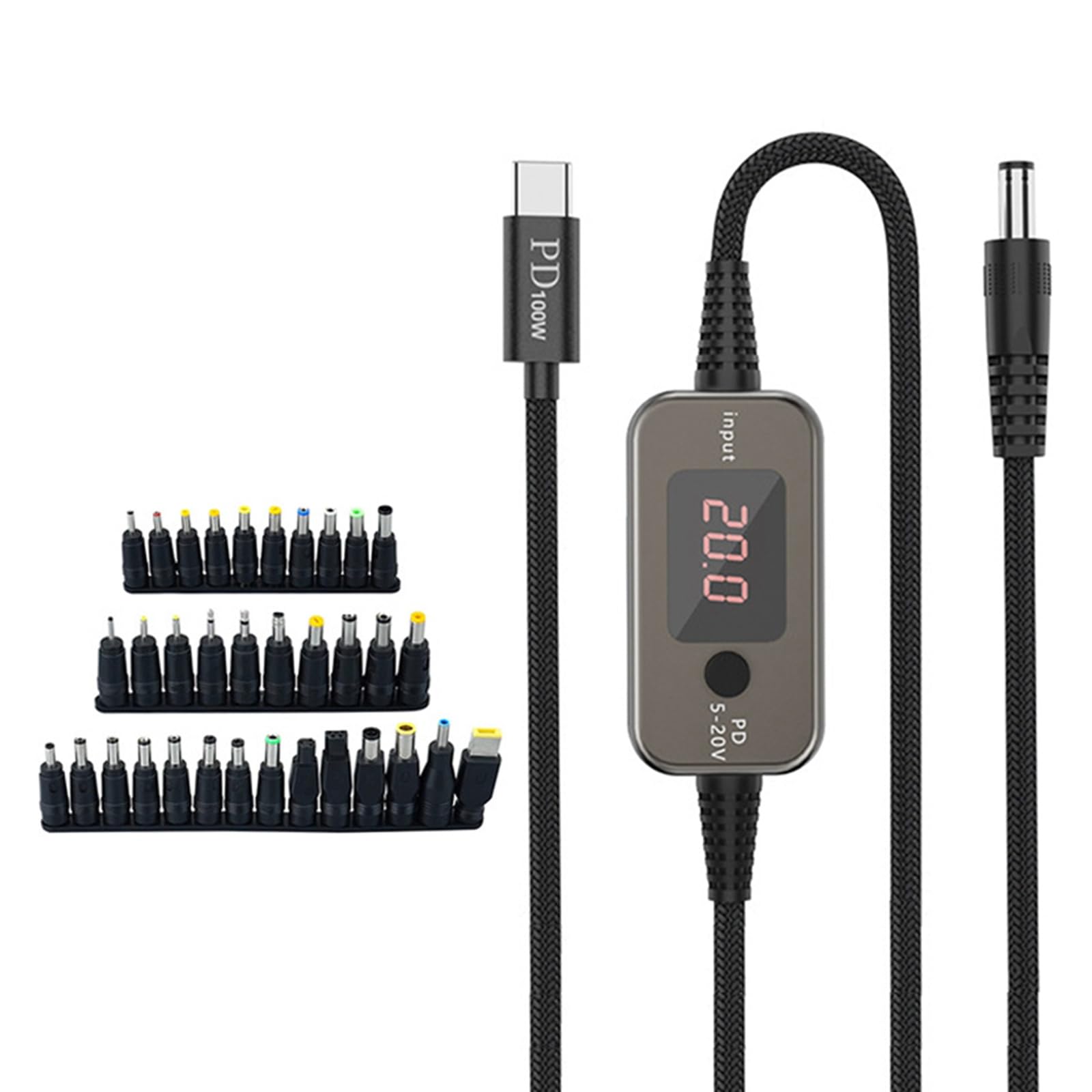 Tsophreniq PD100W Type C to DC5.5x2.1mm Power Cable 34 Connectors Tips Adjustable Output for Travel Home Electronics