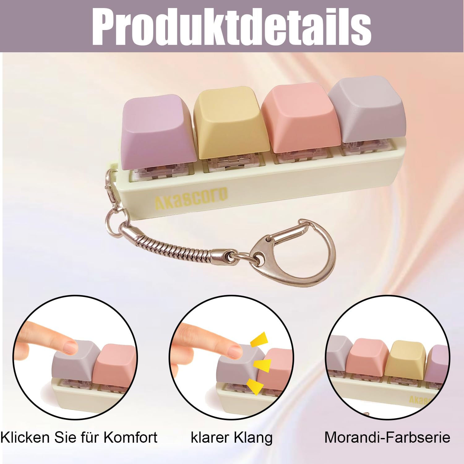 Jouet Anti-stress Clavier Mécanique – Porte-clés Avec 4 Touches Cliquables, Capuchons Interchangeables – Dégradé Violet (homme/femme)