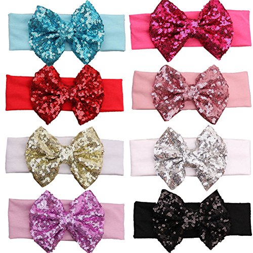 GBATERI 8pcs Baby Girls Sequins Headbands Cotton with Glitter Sequins Bow Elastic Sparkle Headdress Hairband for Babies