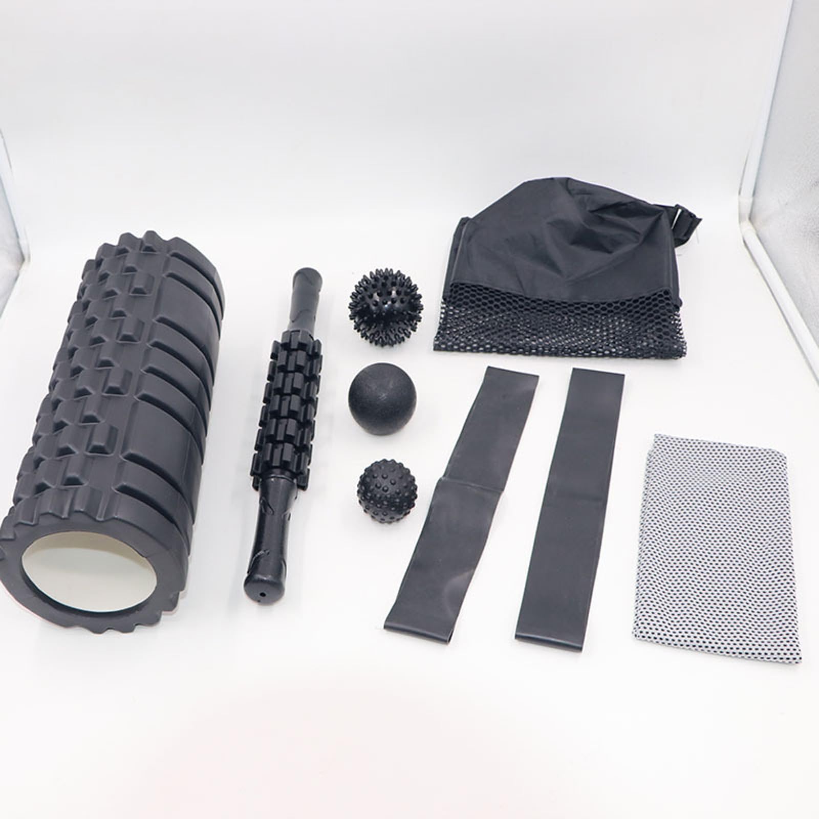 Komplettes Yoga Zubehör Set: Schaumstoffrolle, Massagestab, Widerstandsband zur Muskelregeneration, Präsentations Stretching Trommel mit Massageball