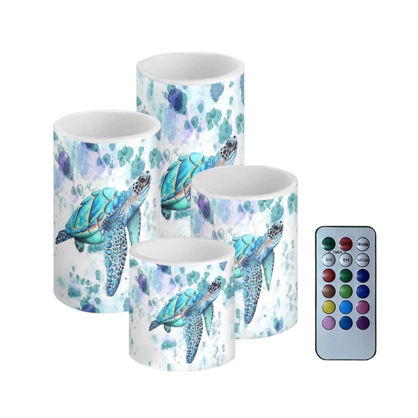 Showudesigns Aqua Sea Turtle Flameless Candles Waterproof Long Lasting LED Tea Lights Battery Operated Wax Pillar Ivory Candle for Home Table,Fireplace,Parties Candle Set,Pack of 4