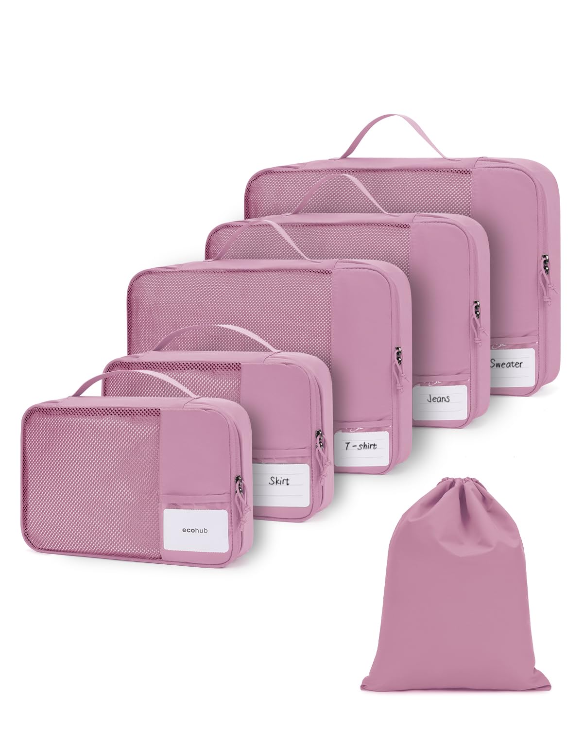 ECOHUB Koffer Organizer Set, 6-teilige Packing Cubes mit ID-Tag, Recycelte Packwürfel für Reisen, Leichte Packtaschen für Koffer, Travel Rucksack Organizer, Patent anhängig(Dunkel Rosa)