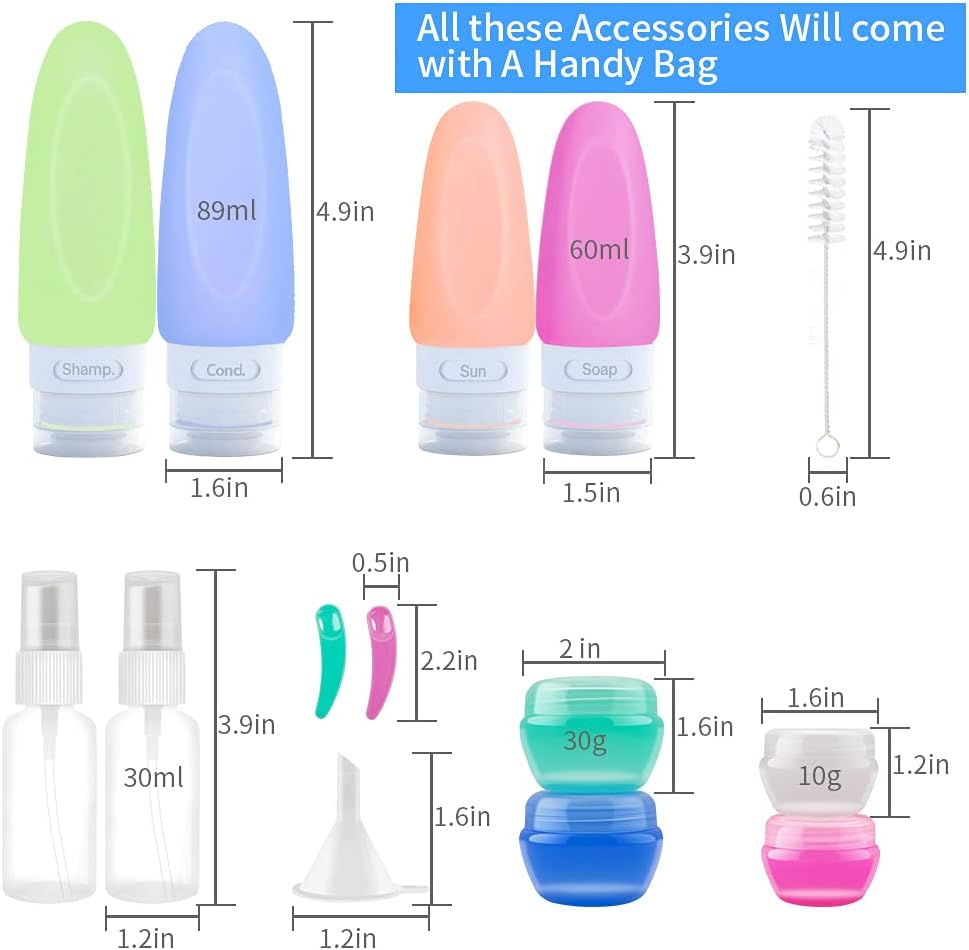 14 Pcs Travel Bottles Set for Toiletries, MAGOURUI TSA Approved Silicone Leak Proof Travel Container, Refillable Travel Accessories with Optional Tag for Business, Personal Travel, Fun Outdoors