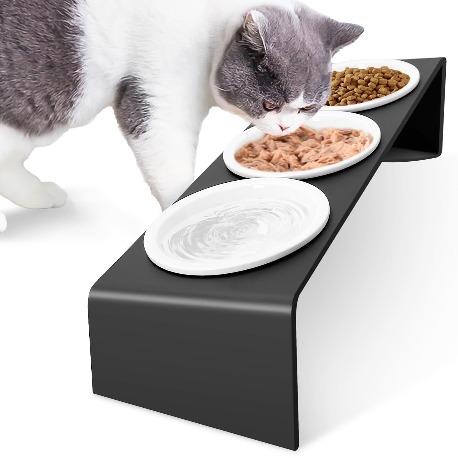 Comedero de cerámica for Gatos con Soporte metálico Inclinado a 15°. Juego alimentación y Agua for Perros, Color Negro